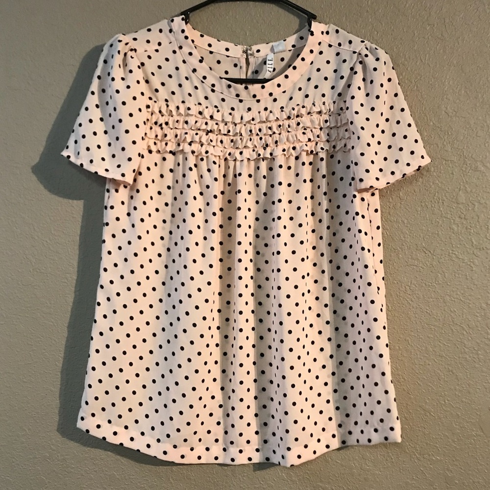 NWT Sz XS Elle Pink & Black Polka Dot Blouse Shirt - Picture 1 of 4